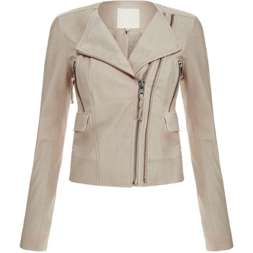 JOIE VIVIANETTE Soft Sand Leather Moto Asymmetrical Zip Jacket Coat S